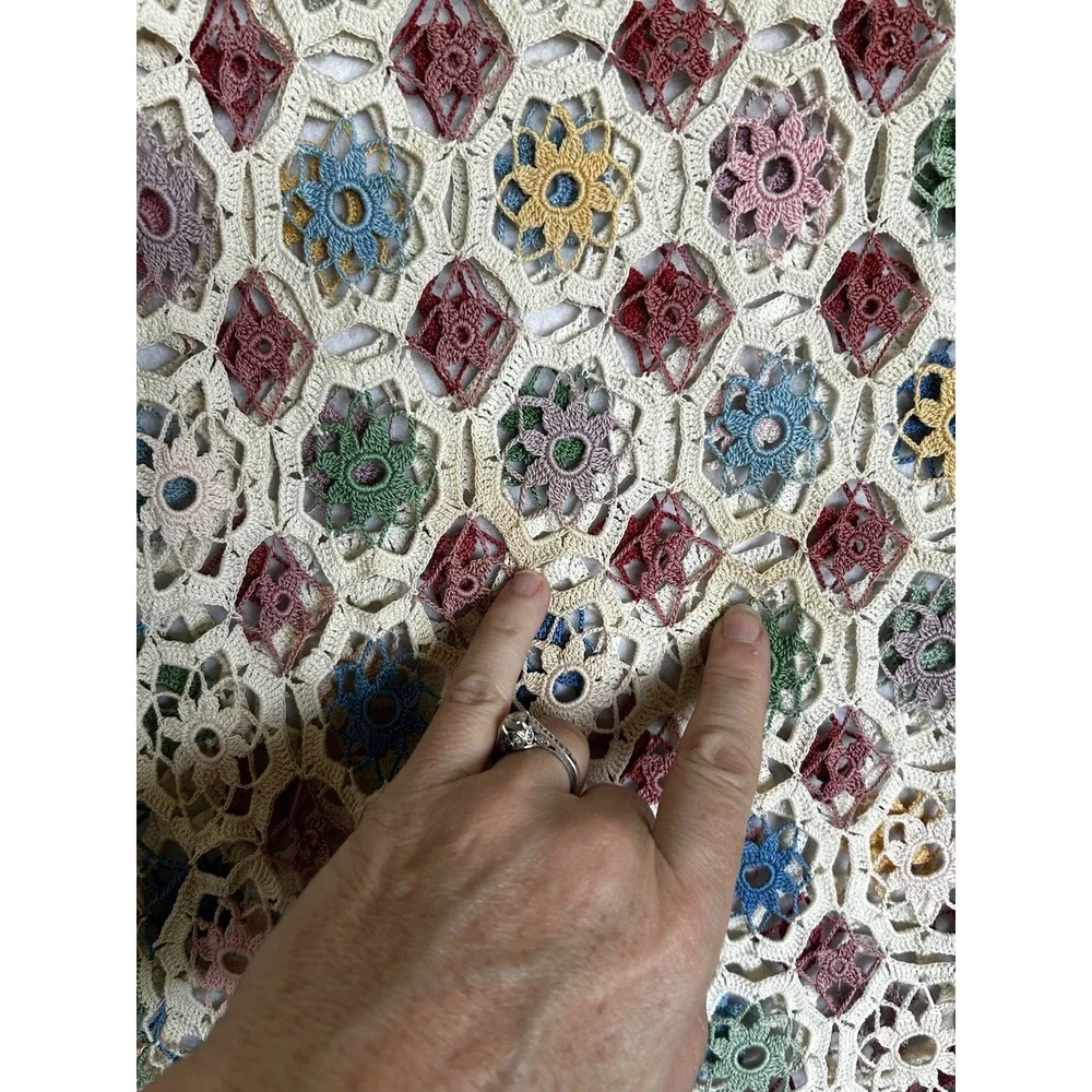 VTG Hand Crocheted Floral Heirloom Tablecloth Colorful & Ecru 60x60